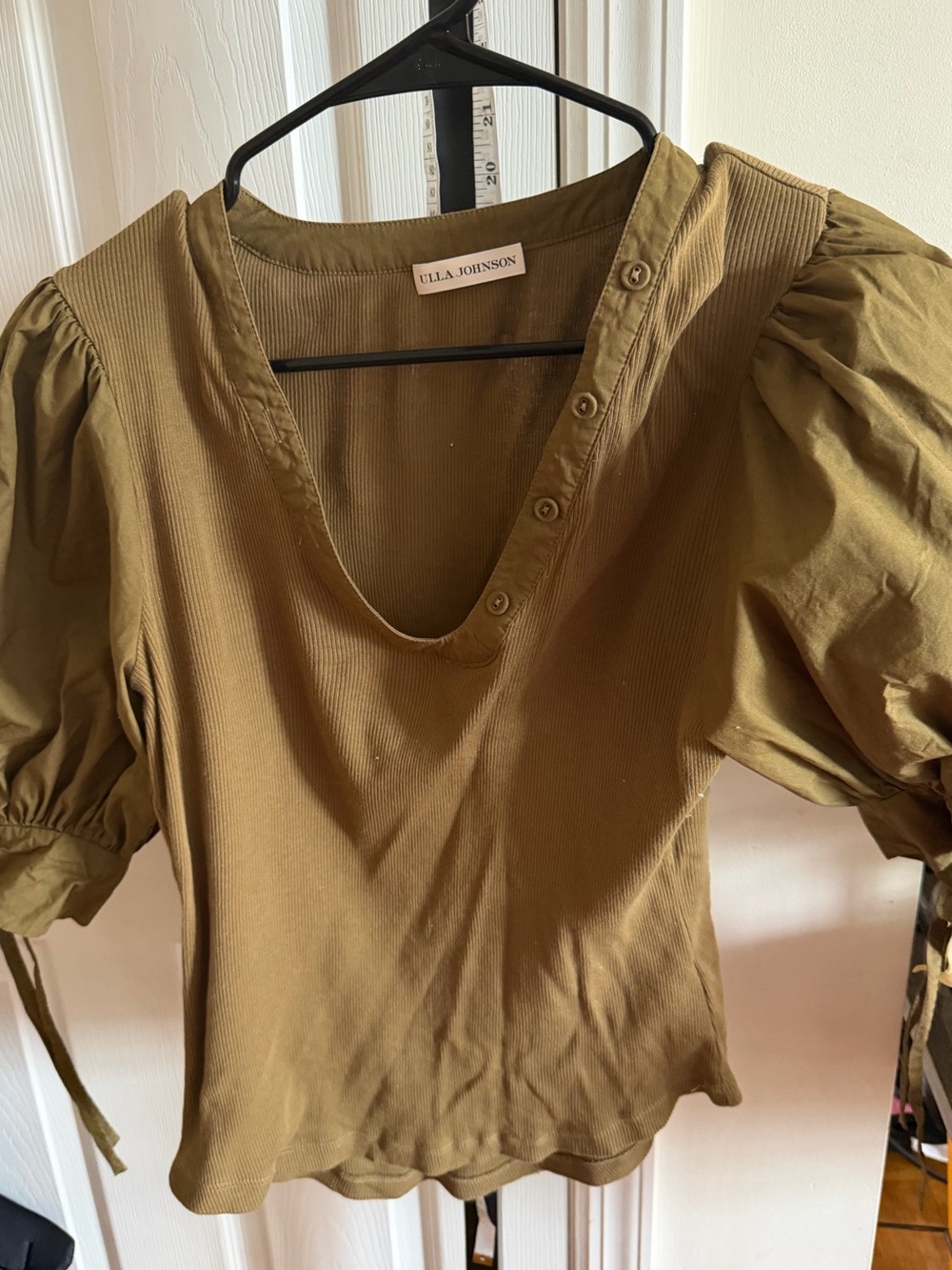 Ulla Johnson Olive Green Puff-Sleeve V-Neck Blouse